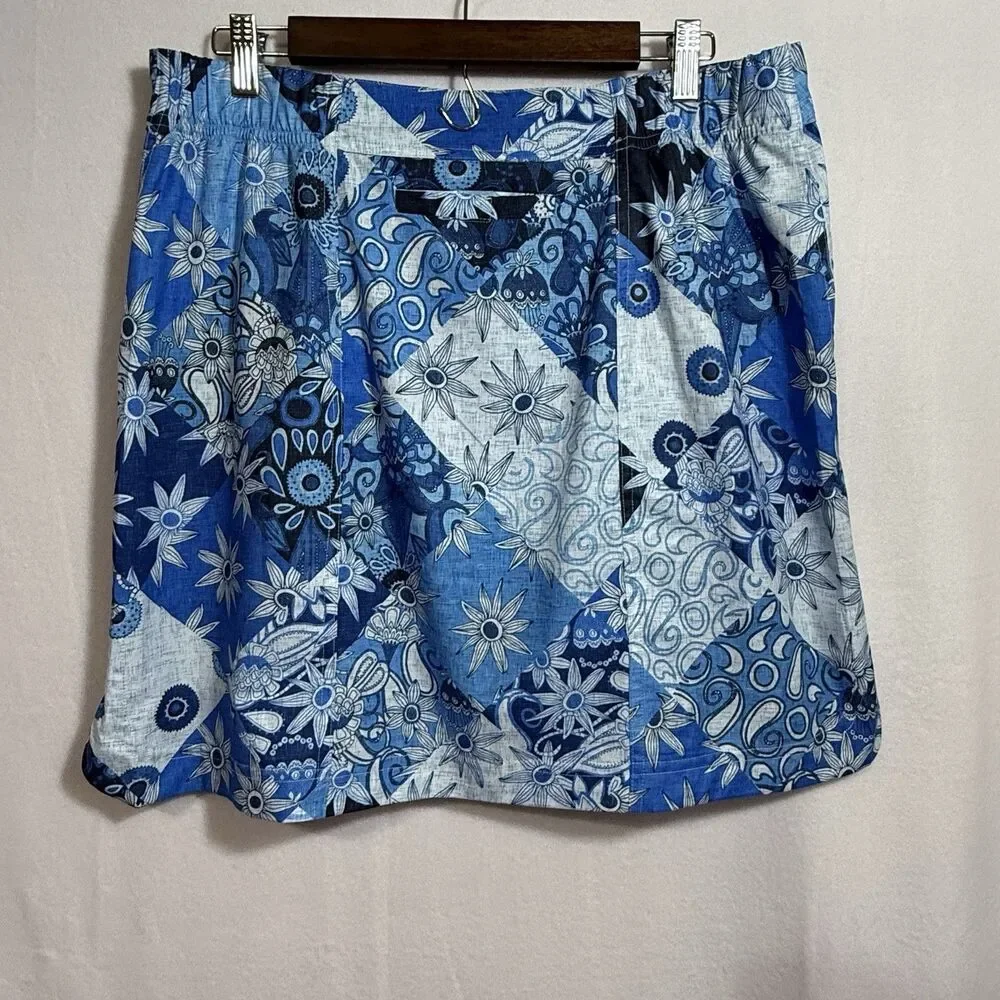 RipSkirt Blue Floral Paisley Patchwork Pull On Skirt Women L Hawaii Swim Pockets - Picture 2 of 12